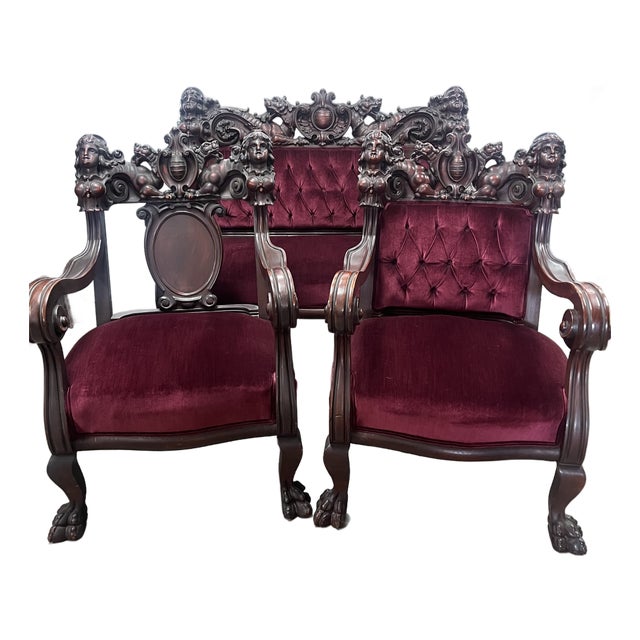Antique Victorian Karpen Highly Carved Mahogany Parlor Set For Sale