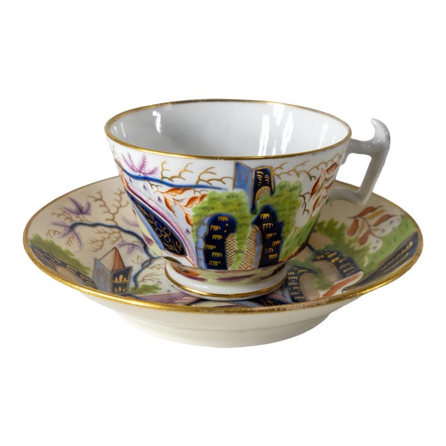 19th Century English Staffordshire Chinoiserie Style Teacup and Saucer For Sale