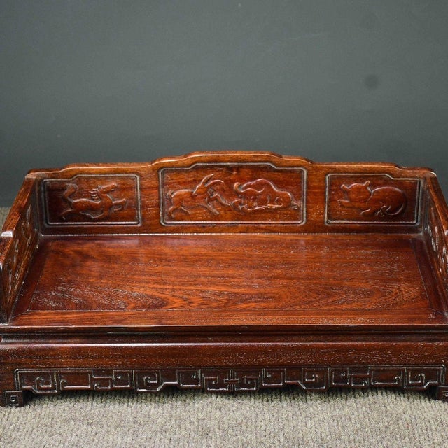 Vintage Chinese Huali Rosewood Carved "12 Zodiac" Miniature Luohan Bed / Display Stand For Sale - Image 4 of 10