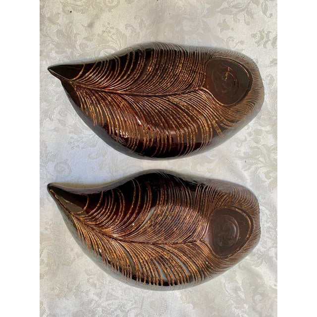Glass Pair Vintage 1960s Mid-Century Modern Reverse Painted Art Glass Peacock Feather Reverse Painted Bowls For Sale - Image 7 of 10