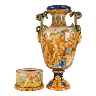 Victorian Italian Majolica Vase Renaissance Revival Hand Crafted Serpentine Handles Vase Tariff Free Delivery For Sale
