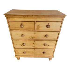 Antique Pine 2 Over 3 Chest of Drawers With Brown Wooden Knobs From England - Circa 1880