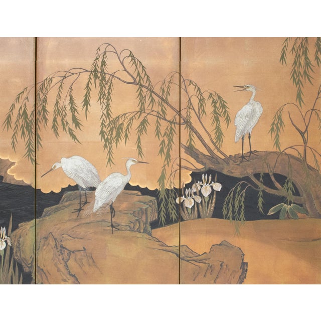 1970s "Willow and White Herons" by Yukiga, 1970s Showa Era Japanese Painted Byobu Screen For Sale - Image 5 of 18