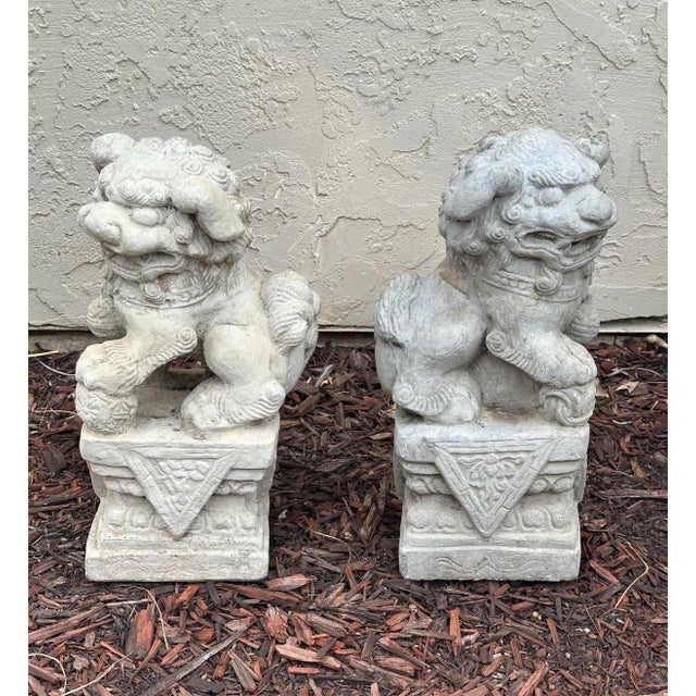 Late 20th Century Cast Stone Foo Dog Garden Ornaments - Pair For Sale - Image 5 of 7