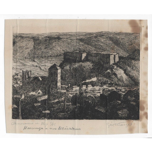 Antique etching of a city or village landscape. Pencil signed illegibly, titled "Panorama in H___" (possibly an...