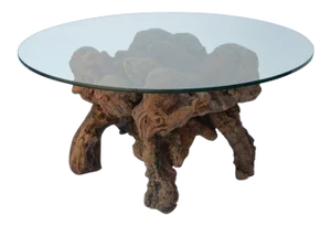 Mid Century Modern Quadripod Bog Wood and Glass Coffee Table