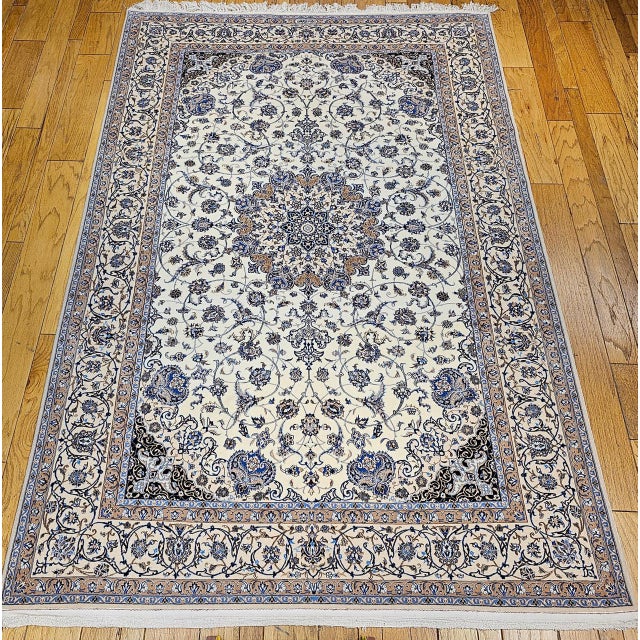 Textile Vintage Exceptionally Fine Persian Nain Habibian Area Rug, Hand-Knotted Wool & Silk, Floral Pattern, 7x10, Ivory & Blue For Sale - Image 7 of 16