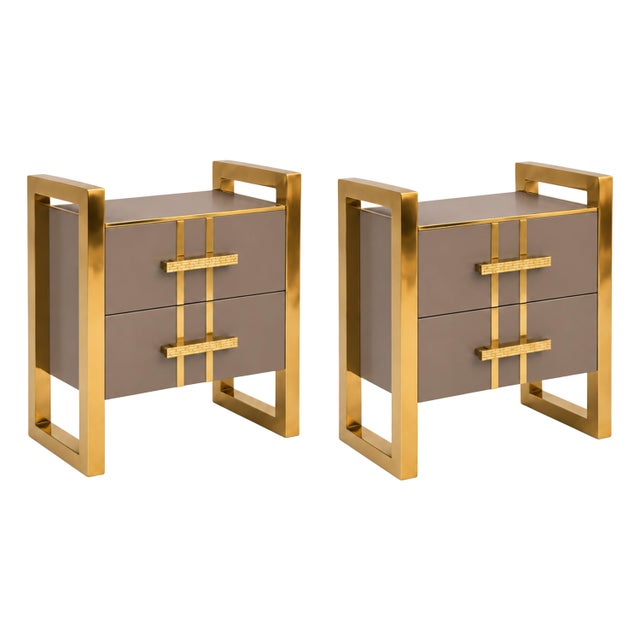 Taupe Glass Two-Drawer Nightstands with Architectural Brass Frames from Justfurnituress SRL, Set of 2 For Sale - Image 10 of 10