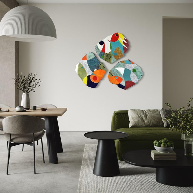 "Delightful Day" by Michael Gustavson, Raku Ceramic Triptych Wall Sculpture, Vivid Teal Orange and Navy Glaze, Contemporary California Art For Sale In Sacramento - Image 6 of 7