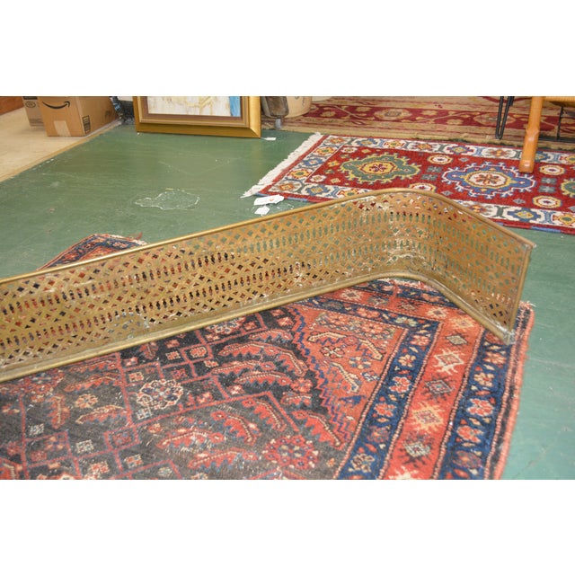 Antique English Reticulated Brass Curved Ends Fireplace Fender W/ Lion Faces For Sale - Image 6 of 16