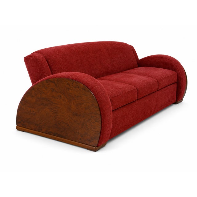 Art deco living room set. Sofa, loveseat, lounge chair, 2 stools. Set is sound, solid. Walnut veneer panels. Set was...