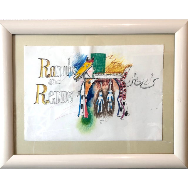 Loren Munk (American, b. 1951), mixed media painting "Romulus & Remus", signed "Munk '89", 13" x 19" inches sheet, framed...