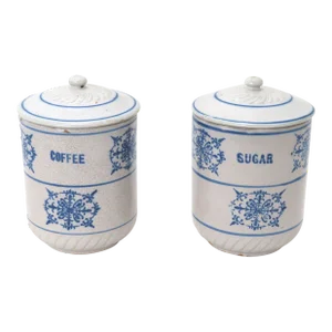 Antique American Blue Decorated Stoneware Coffee & Sugar Kitchen Canisters - Jars