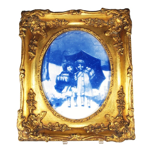 Antique Blue & White Delft Plaque Children in Rain Frames For Sale