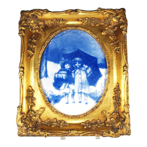 Antique Blue & White Delft Plaque Children in Rain Frames