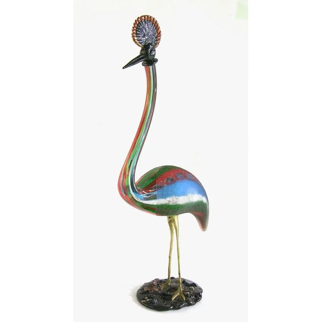 This very expressive crested crane art glass sculpture, from the 1970s, is a true work of art, in sophisticated blown...