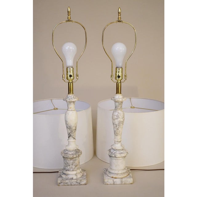 1960s Large Matched Pair Neo Classic Hollywood Regency Modern Carrara Marble Tuscan Column Style Table Lamps For Sale - Image 11 of 11