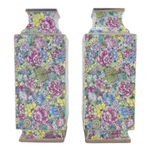 Pair of Chinese Famille Rose Millefleur Square Porcelain Vases