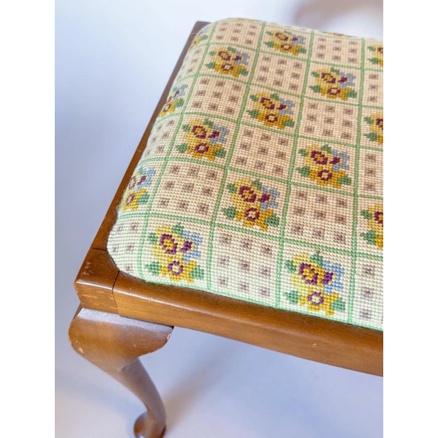 Vintage Queen Anne Style Embroidered Needlepoint Stool With Cabriole Legs For Sale - Image 4 of 14