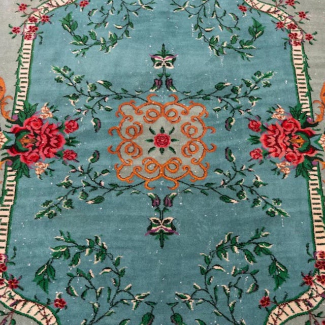 Turquoise Vintage 1960s Turkish Sparta Savonnerie Rug, Teal Blue & Emerald Green With Roses – 6'8" X 9'9" For Sale - Image 8 of 12