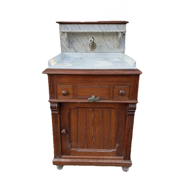 Antique French Washstand in Pitch Pine and White Marble with Zinc Water Tank, 1900s For Sale - Image 17 of 17