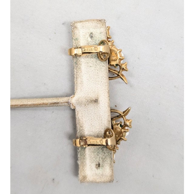 Metal Vintage Signed Crown Trifari White Melon Shaped Rhinestones Clip Earrings- 2 Pieces For Sale - Image 7 of 7