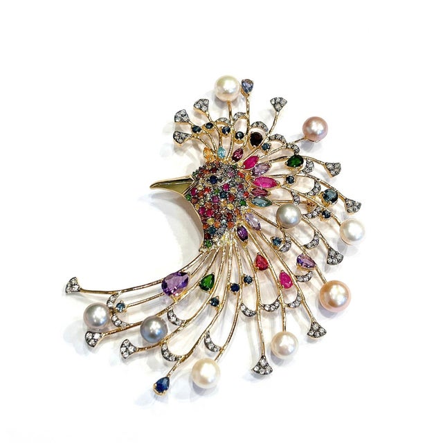 Metal Bochic “Orient” Multi Sapphire, Pearl & Ruby Brooch Set In 18K Gold & Silver For Sale - Image 7 of 12
