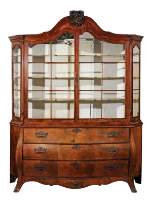 Dutch Rococo 1780s Walnut Vitrine with Bombé Chest, Glass Doors, Hunting Trophy