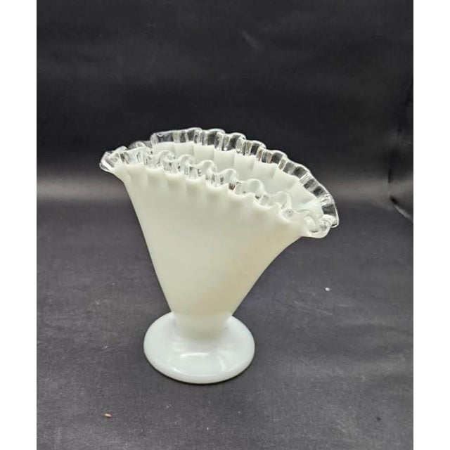 Fenton Art Glass Company Vintage Fenton Clear Crest Ruffled Edge Milk Glass Fan Shaped Vase For Sale - Image 4 of 7
