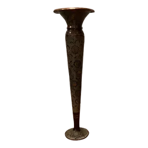 Antique Copper Trumpet Vase With Etched Flowers