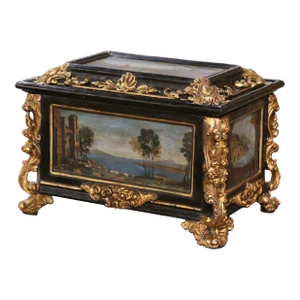 19th Century Italian Baroque Parcel Gilt and Hand Painted Table Box Casket