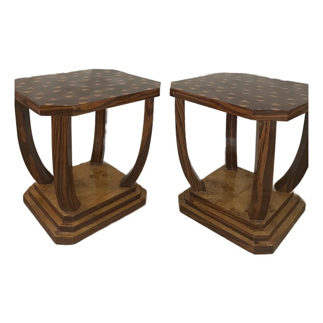Pair of Italian Art Deco Style Octagonal Geometric Parquetry & Macassar Side Tables For Sale