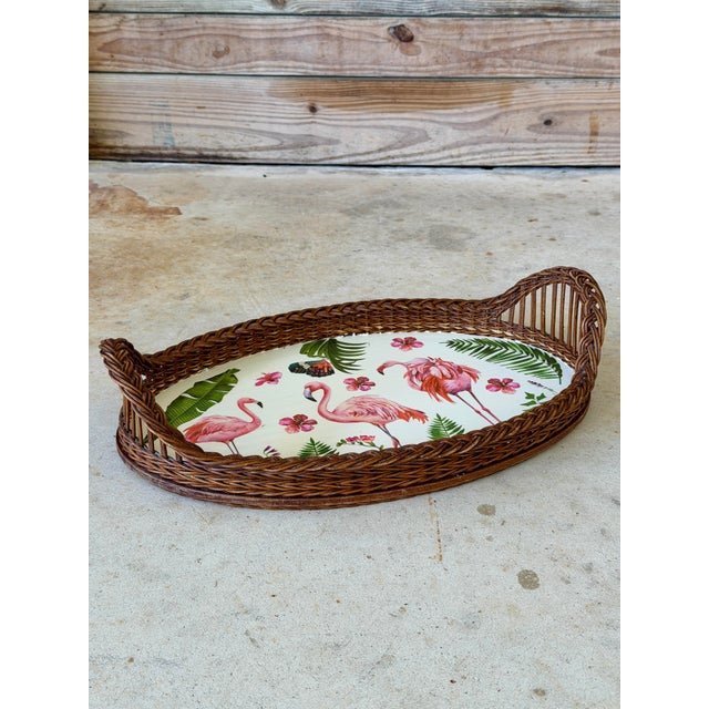 Vintage Coastal Rattan Flamingo Tray With Custom Decoupage Appliqué For Sale - Image 11 of 11