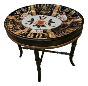 Antique English Imari Porcelain Platter on a Custom Bamboo Turned Base