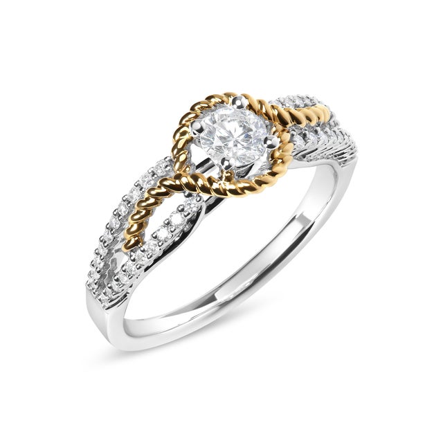 Contemporary 14K Two-Toned Gold Diamond 3/8 Cttw Diamond Split Shank and Beaded Halo Engagement Ring (G-H Color, VS2-SI1 Clarity) - Size 7 For Sale - Image 3 of 5