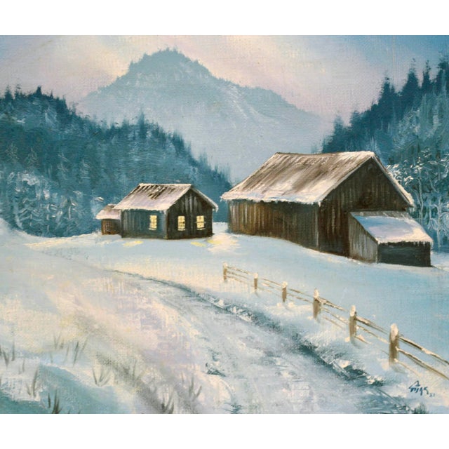Charming winter landscape in cool colors of a snowy farm scene in the mountains by an unknown artist. Signed "Fiiak" or...