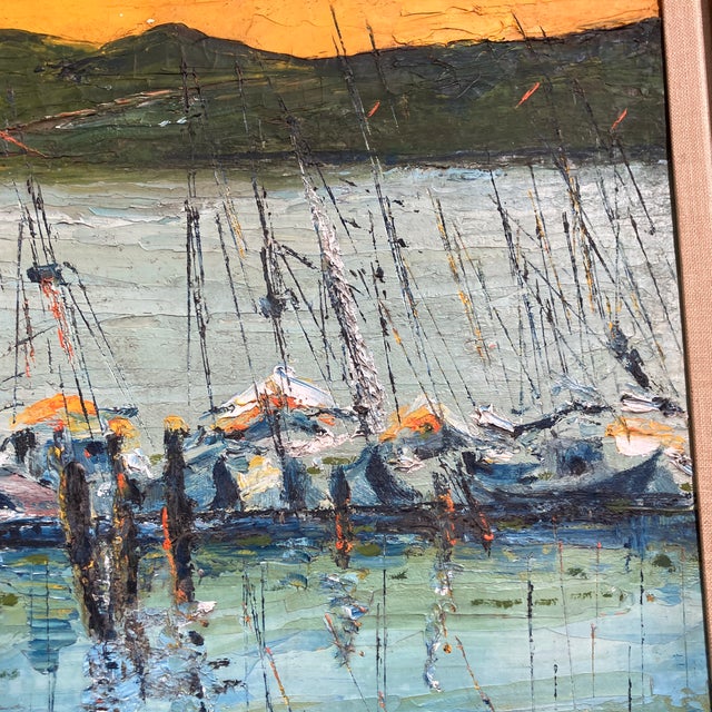 1980s 1980’s Original Impressionist/Abstract Sailboat Mooring Sausalito California Painting Vintage Carved Wood Frame Signed For Sale - Image 5 of 7