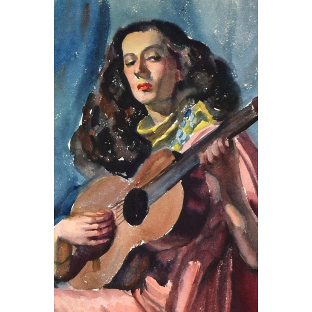 1940s Large Watercolor Painting of a Woman Playing Guitar by Stephen Horvath C.1940s For Sale - Image 5 of 6