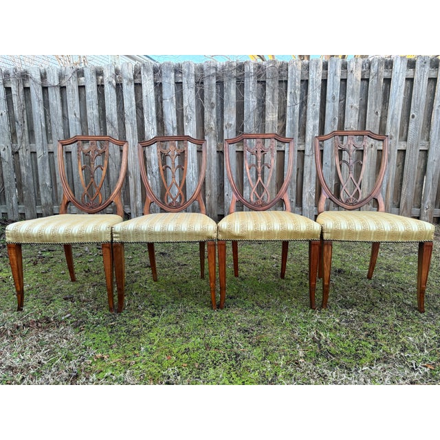 Wood 1960s Mahogany Carved Shield-Back Gold Fabric Hepplewhite Chairs - Set of 4 For Sale - Image 7 of 12