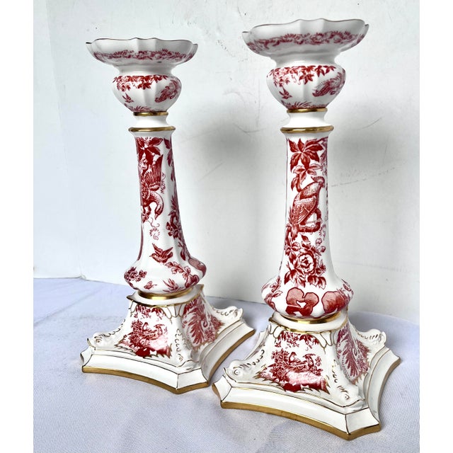 1981 Royal Crown Derby "Red Aves" Fine Bone China Candlesticks - A Pair For Sale - Image 14 of 18