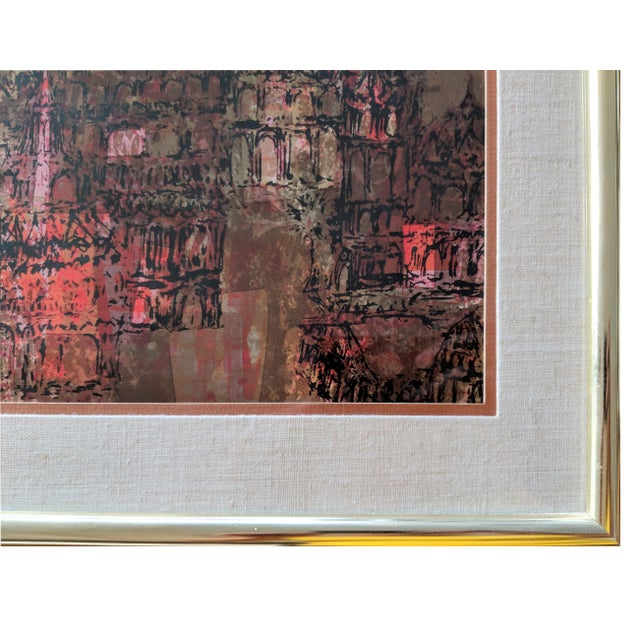 Buddhist Temple Citiscape Gold Silk Screen Print For Sale - Image 4 of 11