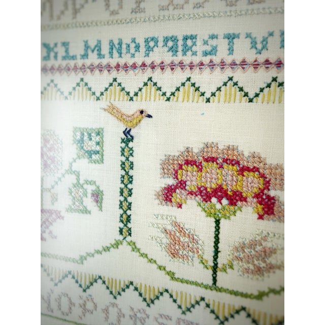 Wood 1972 Vintage Hand Embroidered Alphabet Sampler, Framed Folk Art Needlework With Floral & Animal Motif For Sale - Image 7 of 9