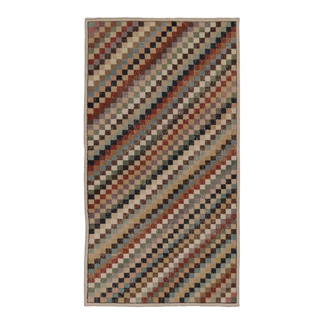 Vintage Turkish Distressed Rug, Earthy Geometric Checkered Mosaic - Rug & Kilim For Sale