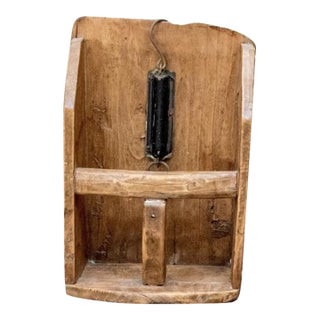 19th Century American Primitive Wooden Grain Scoop With Folding Support Arm & Iron Hanger For Sale