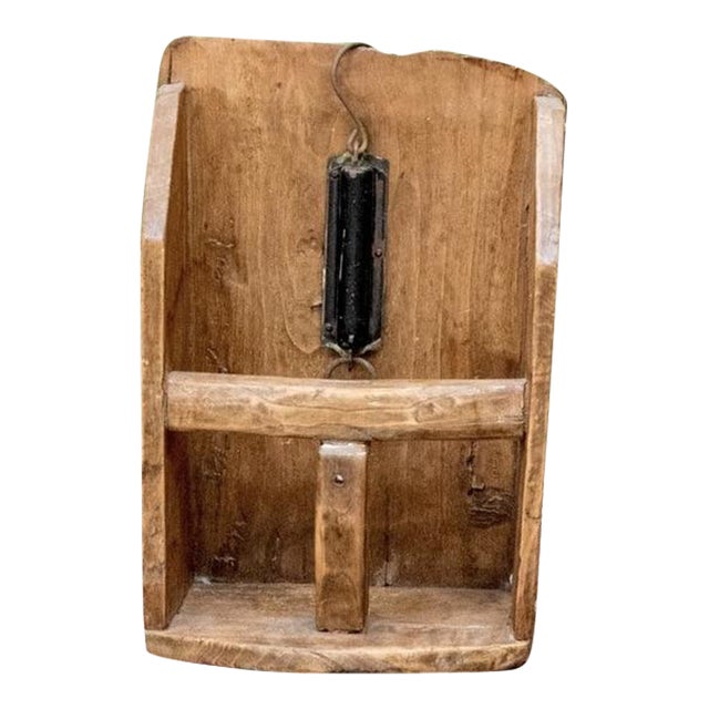 19th Century American Primitive Wooden Grain Scoop With Folding Support Arm & Iron Hanger For Sale