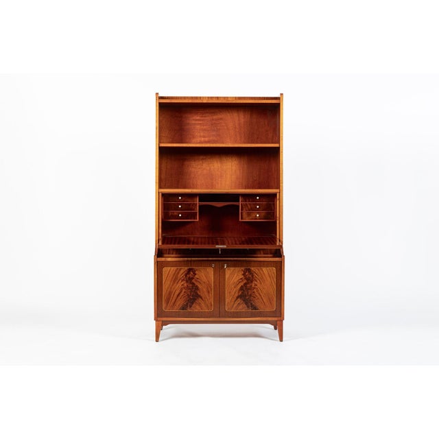 Scandinavian Modern Figured Mahogany Secretary Bookcase Cabinet 1960s For Sale - Image 4 of 17