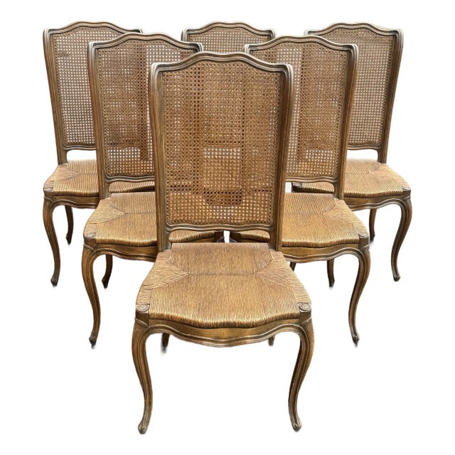 Vintage Cane Back Louis XV Rush Seat Dining Chairs - Set of 6 For Sale
