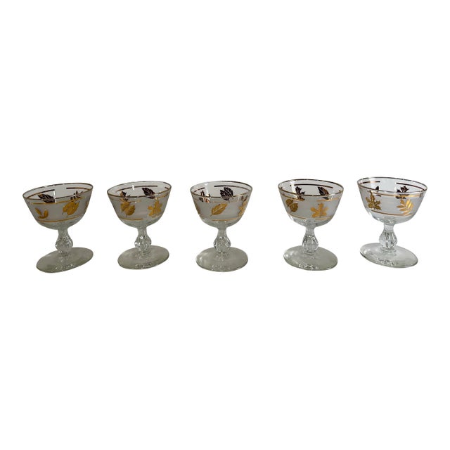 1950s Set of 5 Libbey Glass Golden Foliage Champagne Coupes or Dessert Glasses For Sale