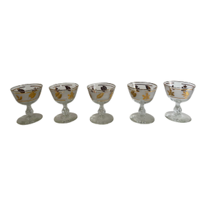 1950s Set of 5 Libbey Glass Golden Foliage Champagne Coupes or Dessert Glasses