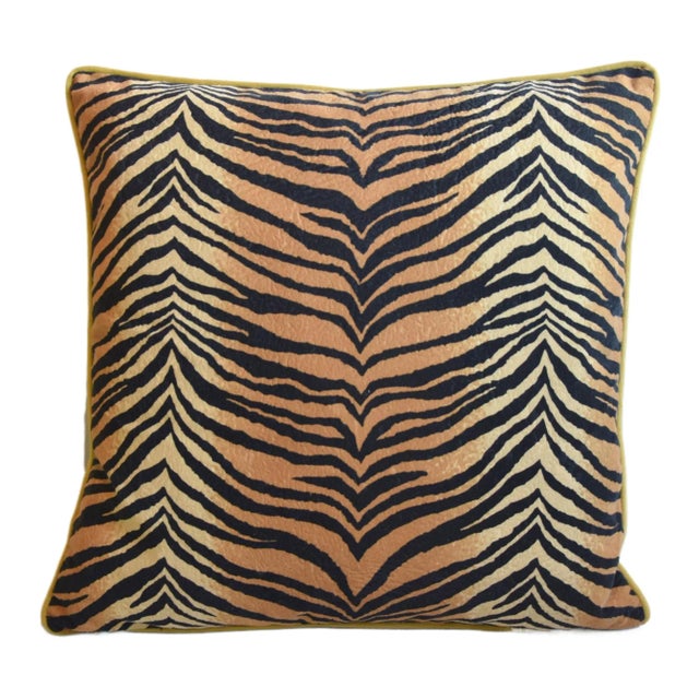 Custom-tailored designer big cat tiger stripe fabric pillow. Gold cotton-velvet on the reverse. Custom cord trim. Zipper...